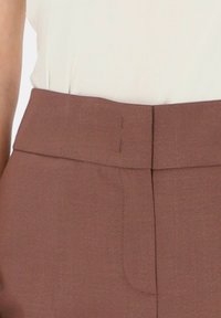Brązowe dopasowane spodnie z płaskim pasem, charakteryzujące się czystym krojem i subtelnymi detalami szycia. Gładka faktura materiału, bez widocznych wzorów.