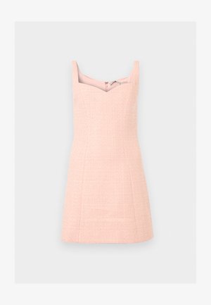 Brezrokavna mini obleka bledo roza barve z teksturo, kvadratnim izrezom in oprijetim korzetom, prikazana na enobarvnem svetlo sivem ozadju.