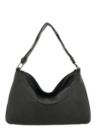 Borsa a tracolla in pelle nera con forma curva, superficie testurizzata e una sola tracolla. Presenta una chiusura con zip e bordi lisci.