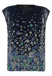 Námořnická květinová blůza s krátkými rukávy a výstřihem ve tvaru klíčové dírky. Má vzor bílých, modrých a zelených květin na průsvitné látce.