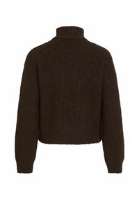 Brauner, kurzer Pullover aus strukturiertem Strickstoff. Verfügt über einen hohen Kragen und lange Ärmel, mit einem gerippten Muster durchgehend.