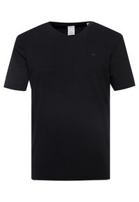 Sort kortærmet V-hals T-shirt lavet af blødt bomuldsstof. Har et lille logo på venstre brystområde. Glat tekstur, afslappet pasform.