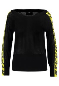 Maglione in rete nera con scollatura ampia, maniche lunghe e dettagli gialli lungo le maniche. Orlo a coste nella parte inferiore.