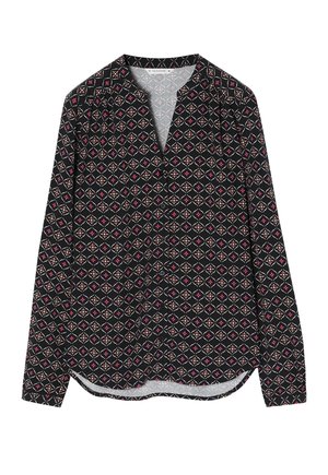 Schwarzes langärmliges Hemd mit geometrischem Muster aus weißen und rosa Rautenformen und kleinen Blumen.