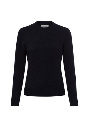 Suéter negro de punto, de manga larga, con cuello redondo, diseño simple y puños y dobladillo acanalados.