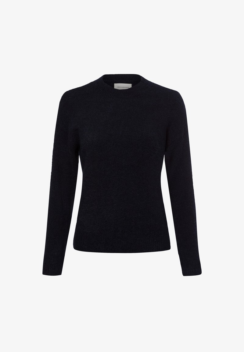 Czarny dzianinowy sweter z długim rękawem, okrągłym dekoltem, prostym wzorem oraz ściągaczami na mankietach i dole.