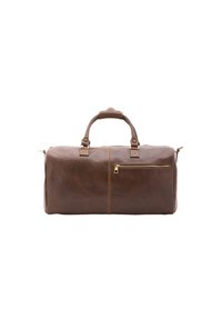 Sac de voyage en cuir marron avec deux anses, compartiment principal zippé, poche frontale zippée et détails de couture contrastés. Texture lisse.