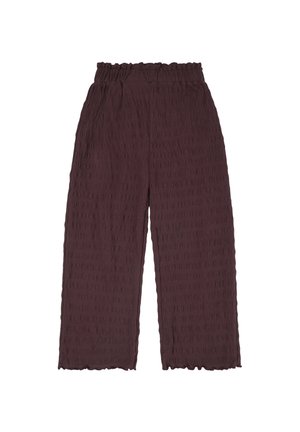 Donkerbruine broek met hoge taille en wijde pijpen van gestructureerde stof met een elastische, geplooide tailleband.
