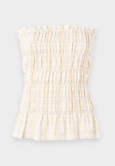 Top fără mâneci cu elastic, de culoare galben deschis și alb în carouri. Are un margine superioară volanată și un model strâns cu elastic pe toată suprafața. Textură de țesătură moale.