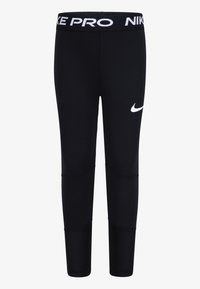 Leggings de sport noirs avec une large ceinture portant le logo "NIKE PRO" en blanc. Le tissu est lisse, avec une coupe ajustée et un petit logo Nike blanc.