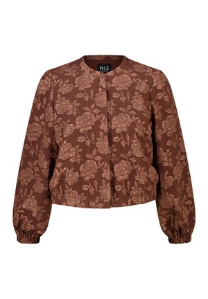 Bruine cropped jas met elastische zoom en manchetten, met een subtiel rozenbloemenpatroon en een ronde hals.