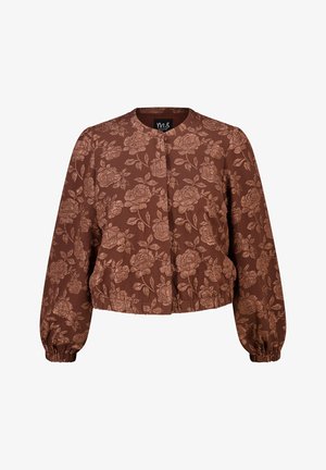 Bruine cropped jas met elastische zoom en manchetten, met een subtiel rozenbloemenpatroon en een ronde hals.