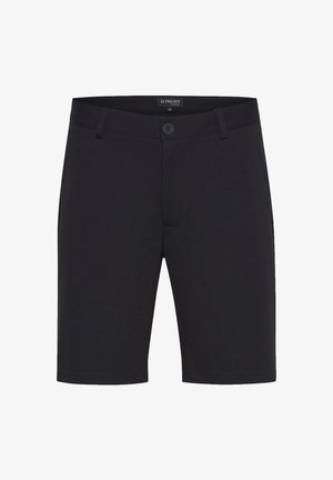 Czarne szorty wykonane z miękkiego materiału, z zapięciem na guzik, szlufkami na pasek oraz kieszeniami z przodu, o gładkiej fakturze i prostym kroju.