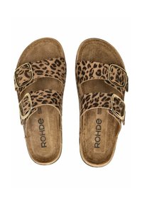 Sandalias de estampado de leopardo con dos correas ajustables, hebillas doradas y una plantilla suave en color beige. Fabricadas en cuero para mayor comodidad y durabilidad.