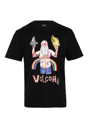 Camiseta de algodón negra con un gráfico colorido de una figura con barba sosteniendo un conejo y una banana, con el texto "VOLCOM" y un diseño arcoíris.
