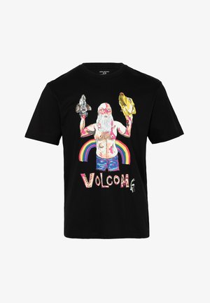Zwart katoenen T-shirt met een kleurrijke grafische afbeelding van een baardige figuur die een konijn en een banaan vasthoudt, met de tekst "VOLCOM" en een regenboogontwerp.