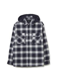 Karierte Hemd in Schwarz, Weiß und Grau mit Kapuze. Ausgestattet mit Knopfverschluss, zwei Brusttaschen und einem lässigen Schnitt. Weicher Stoff.