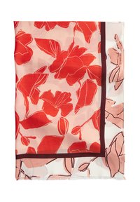 Bufanda floral en tonos rojos y rosas con una textura ligera, que presenta un diseño de contorno y un borde de color burdeos oscuro. Forma rectangular suave.