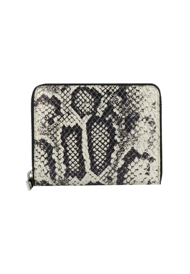 Portefeuille en cuir de serpent noir et blanc, design rectangulaire, surface texturée, fermeture éclair, avec une bordure noire lisse et un motif d'écailles bien visible.
