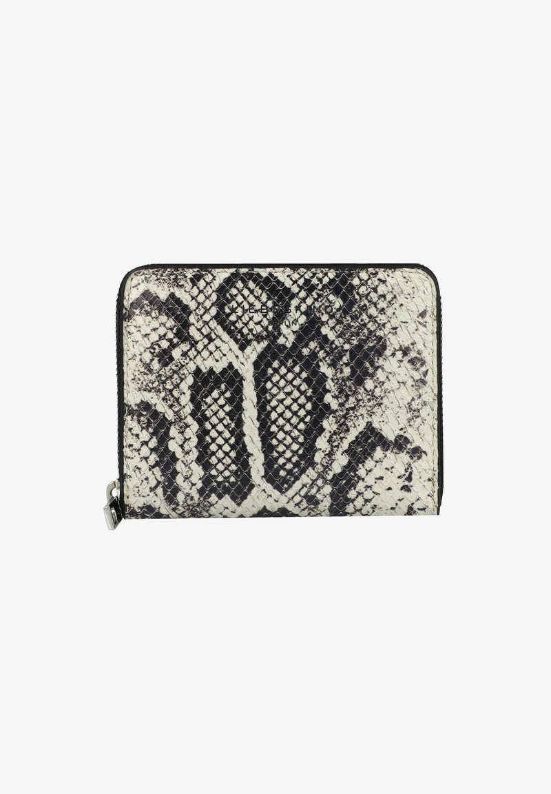 Portefeuille en cuir de serpent noir et blanc, design rectangulaire, surface texturée, fermeture éclair, avec une bordure noire lisse et un motif d'écailles bien visible.