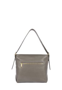 Borsa in pelle grigia con un unico manico superiore, una tasca frontale con zip e una ferramenta con cerniera in tono oro. Texture liscia e forma rettangolare semplice.