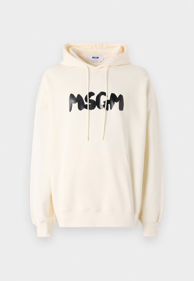 Felpa color crema con tasca frontale, cappuccio con coulisse e logo nero "MSGM". Presenta polsini e orlo a coste, realizzata in tessuto morbido.