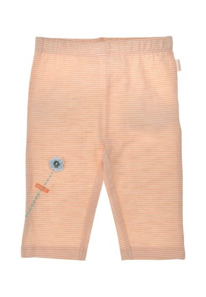 Pantaloncini per bambini color pesca chiaro con sottili righe orizzontali bianche e un piccolo fiore con la scritta "beauty" sulla gamba sinistra.