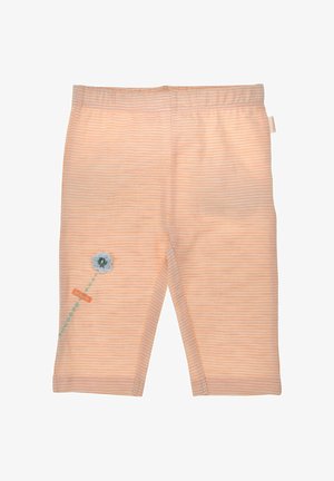 Light peach toddler shorts with thin horizontal white stripes and a small flower with "beauty" text on the left leg.
