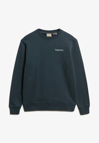 Sudadera azul marino hecha de una mezcla de algodón, con un cuello redondo, puños acanalados y un pequeño logo blanco de "Superdry" en el pecho.
