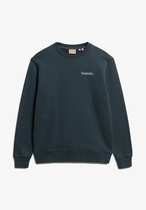Sudadera azul marino hecha de una mezcla de algodón, con un cuello redondo, puños acanalados y un pequeño logo blanco de "Superdry" en el pecho.
