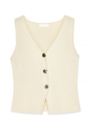 Chaleco de punto color crema con cuello en V, cinco botones decorativos y un diseño ajustado con un dobladillo ligeramente acampanado.