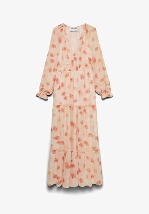 Pikk virsikuvärvi kleit oranži lillemustriga, V-kaelusega, voltidega vöökohaga, pikad puhvvarrukad volangidega mansettidega ja kihiline seelik.