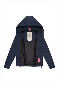 Marinblå hooded jacka med dragkedjestängning, med en svart foder med mönstrad textur och en rosa etikett inuti.