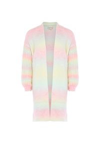 Cardigan a maglia pastello caratterizzato da una vestibilità ampia, apertura frontale, maniche lunghe e un motivo a gradiente di rosa, giallo e verde menta.