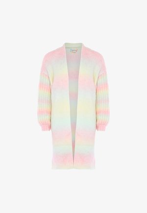 Pastelowy sweter dzianinowy o luźnym kroju, otwartym przodzie, długich rękawach i gradientowym wzorze w odcieniach różowego, żółtego i miętowego.