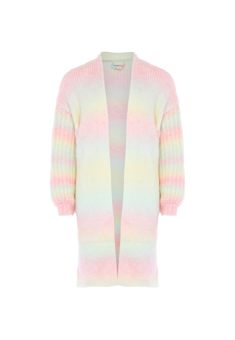 Cardigan a maglia pastello caratterizzato da una vestibilità ampia, apertura frontale, maniche lunghe e un motivo a gradiente di rosa, giallo e verde menta.