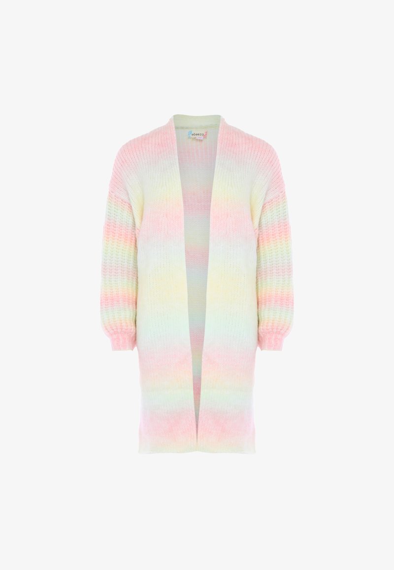 Cardigan a maglia pastello caratterizzato da una vestibilità ampia, apertura frontale, maniche lunghe e un motivo a gradiente di rosa, giallo e verde menta.