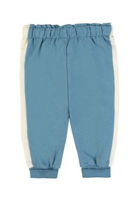 Pantaloni jogger blu con una consistenza morbida, caratterizzati da strisce laterali bianche, cintura elasticizzata e polsini a coste.