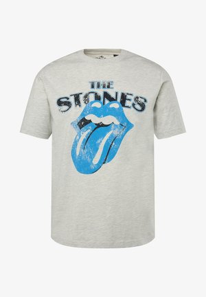 Camiseta de algodón gris con un gran gráfico del logo desgastado de los Rolling Stones en azul y el texto "THE STONES" arriba.