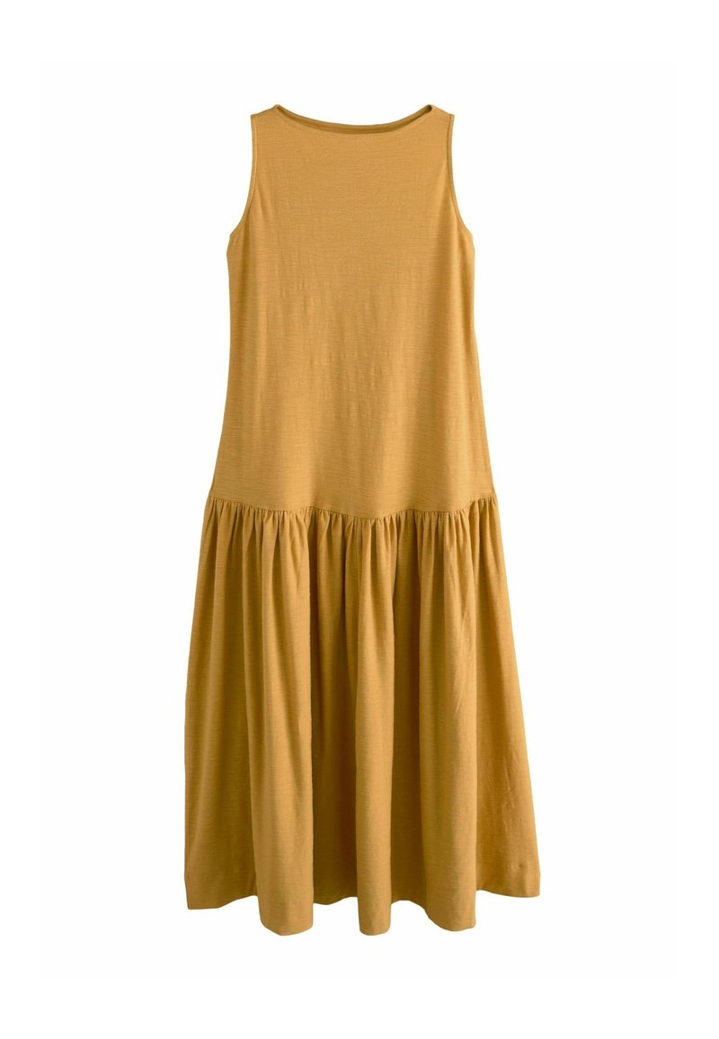Robe midi sans manches jaune moutarde avec un col rond et un détail de jupe froncée à la taille.