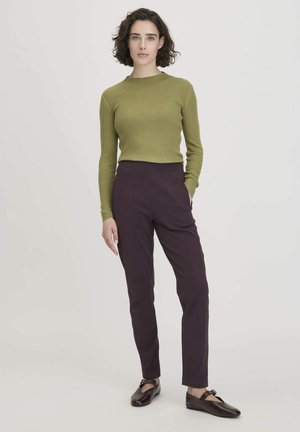 Grüner gerippter Pullover und dunkelviolette schmale Hose. Das Outfit hat eine figurbetonte Silhouette und glatte Texturen. Braune Schuhe mit einer Schnallendetail.
