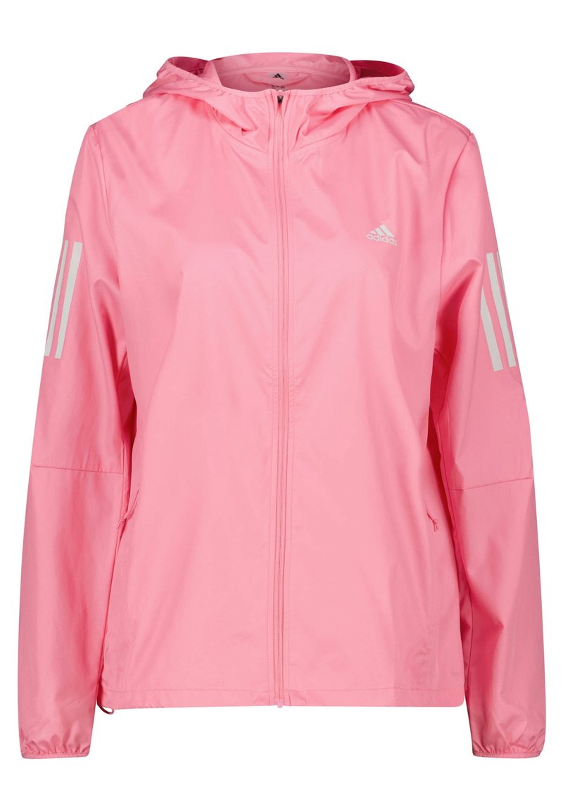 Vaaleanpunainen Adidasin kevyt hupullinen takki, jossa on täysi etuvetoketju, joustavat hihansuut, sivutaskut ja heijastavat kolme raitaa kummassakin hihassa.