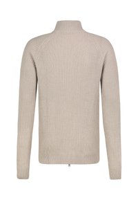 Hellbeige geripptes Strickpullover mit hohem Kragen, langen Ärmeln und geradem Saum. Mit einem dezenten Reißverschlussdetail am Rücken.