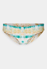 Parte de baixo de biquíni em tie-dye azul, verde e amarelo com um padrão de folhas douradas. Apresenta uma altura média e um tecido macio e elástico.