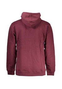 Felpa borgogna con cappuccio regolabile, maniche lunghe, polsini e orlo a coste, e una texture liscia. Vista posteriore senza loghi visibili.