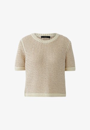 Kurzärmeliger, cremefarbener Strickpullover mit strukturiertem Muster und gerippten Rändern am Kragen, an den Ärmeln und am Saum, mit dem Aufdruck "oui" an der Innenseite des Kragens.