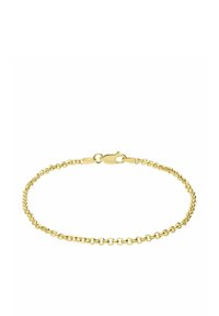 Gold-tone bracelet featuring interlinked oval and round chain links with a secure lobster clasp closure. Smooth texture, polished finish.