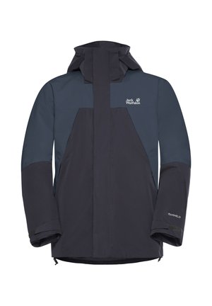 Waterdichte jas in marineblauw en donkerblauw, met een hoge kraag, verstelbare capuchon en ritszakken. Gemaakt van TEXASHIELD-materiaal.