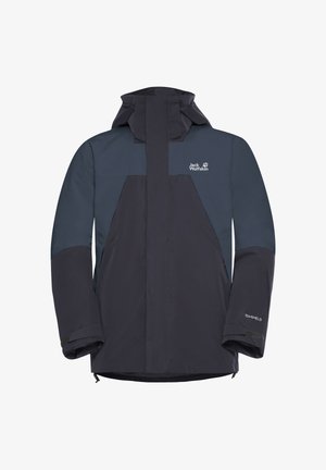 Wasserdichte Jacke in Marineblau und Dunkelblau, mit hohem Kragen, verstellbare Kapuze und Reißverschlusstaschen. Hergestellt aus TEXASHIELD-Material.