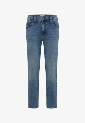 Light blue denim jeans with a straight-leg design, five pockets, belt loops, and subtle stitching details.